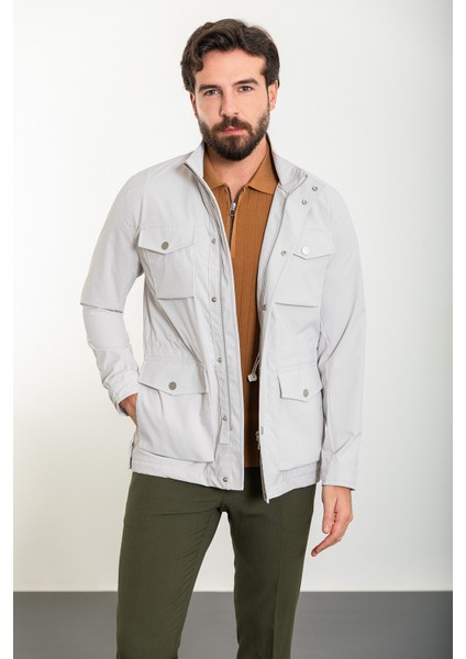 Düz Taş Slim Fit Torba Cep Hakim Yaka Erkek Trenchcoat