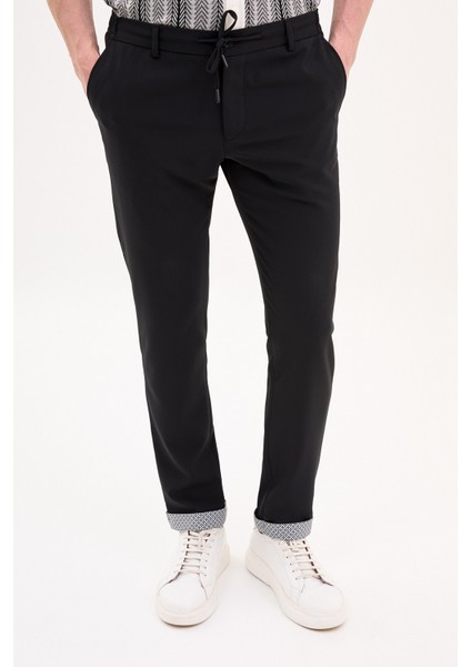 Düz Siyah Super Slim Fit Beli Lastikli İpli Erkek Pantolon
