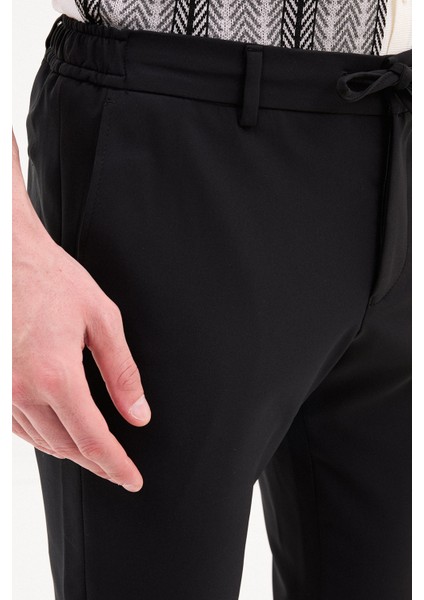 Düz Siyah Super Slim Fit Beli Lastikli İpli Erkek Pantolon