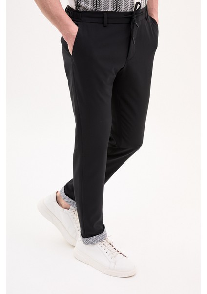 Düz Siyah Super Slim Fit Beli Lastikli İpli Erkek Pantolon