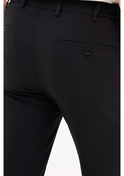 Düz Siyah Super Slim Fit Beli Lastikli İpli Erkek Pantolon