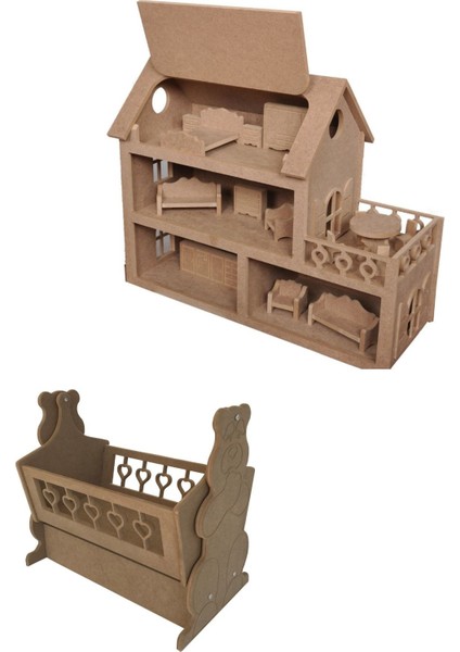 Çatılı Ahşap Bebek Evi (15 Adet Mobilyalı) ve Ahşap Beşik