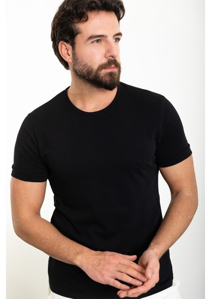 Düz Siyah Slim Fit Bisiklet Yaka Erkek T-Shirt modelleri