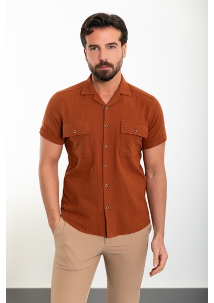 Düz Kiremit Slim Fit Apaç Yaka Kısa Kollu Keten Erkek Gömlek
