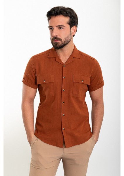 Düz Kiremit Slim Fit Apaç Yaka Kısa Kollu Keten Erkek Gömlek modelleri