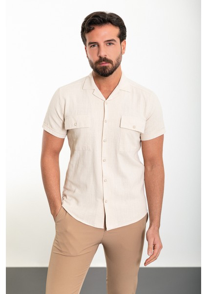 Düz Bej Slim Fit Apaç Yaka Kısa Kollu Keten Erkek Gömlek