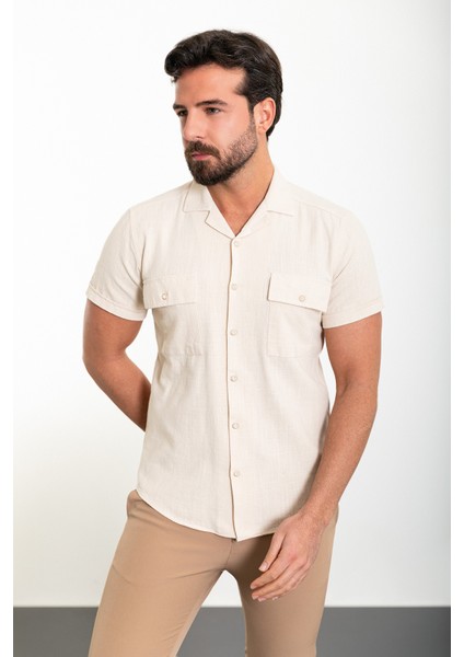 Düz Bej Slim Fit Apaç Yaka Kısa Kollu Keten Erkek Gömlek modelleri