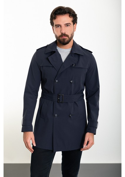 Düz Lacivert Slim Fit Kemerli Kruvaze Erkek Trenchcoat