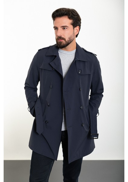 Düz Lacivert Slim Fit Kemerli Kruvaze Erkek Trenchcoat