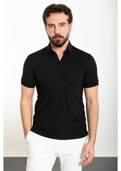 Düz Siyah Slim Fit Polo Yaka Erkek T-Shirt