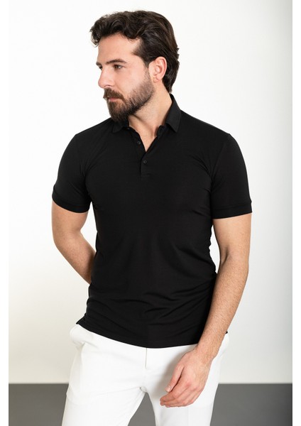 Düz Siyah Slim Fit Polo Yaka Erkek T-Shirt modelleri
