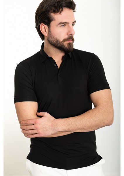 Düz Siyah Slim Fit Polo Yaka Erkek T-Shirt fırsatları