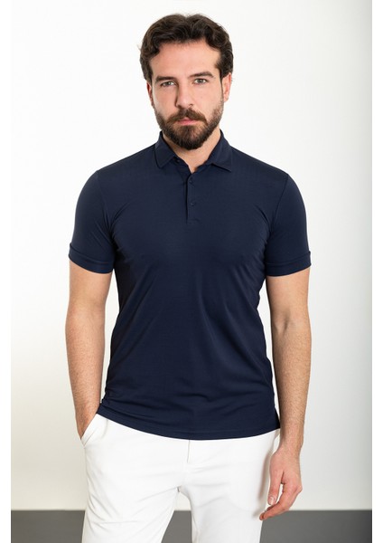 Düz Lacivert Slim Fit Polo Yaka Erkek T-Shirt