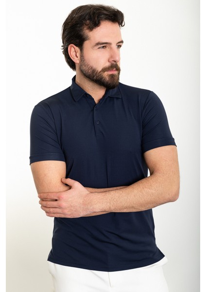 Düz Lacivert Slim Fit Polo Yaka Erkek T-Shirt fırsatları