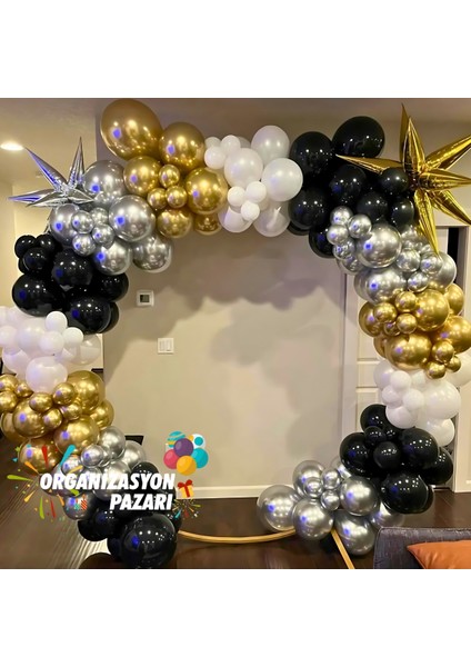 Balon Seti Krom Gold-Krom Gümüş-Siyah-Beyaz 60 Lı Balon Zinciri Seti