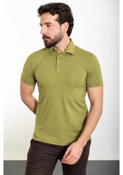 Düz Yeşil Slim Fit Polo Yaka Erkek T-Shirt