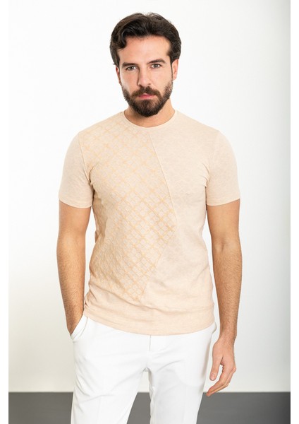 Desenli Kamel Slim Fit Bisiklet Yaka Erkek T-Shirt