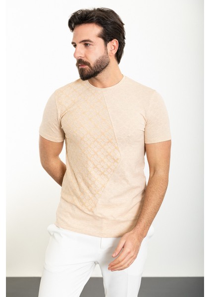 Desenli Kamel Slim Fit Bisiklet Yaka Erkek T-Shirt modelleri