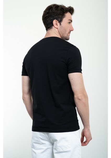 Baskılı Siyah Slim Fit Bisiklet Yaka Basic Erkek T-Shirt