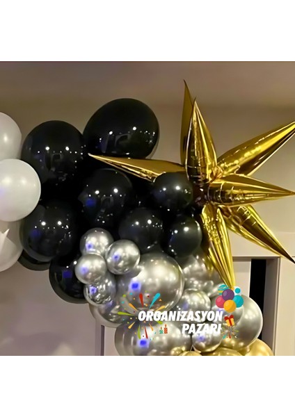 Balon Seti Krom Gold-Krom Gümüş-Siyah-Beyaz 60 Lı Balon Zinciri Seti