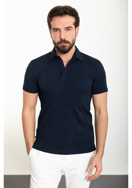Desenli Lacivert Slim Fit Polo Yaka Erkek T-Shirt