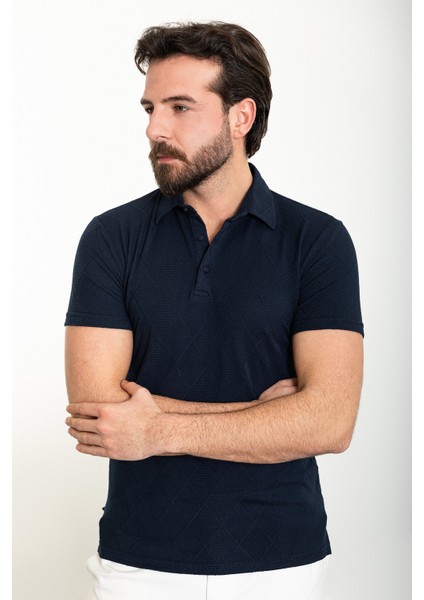 Desenli Lacivert Slim Fit Polo Yaka Erkek T-Shirt modelleri