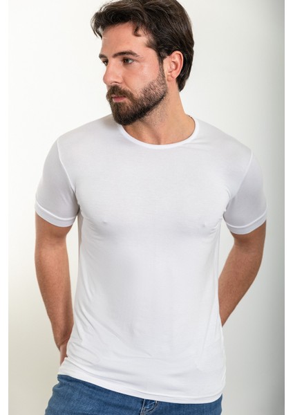 Düz Beyaz Slim Fit Bisiklet Yaka Erkek T-Shirt modelleri