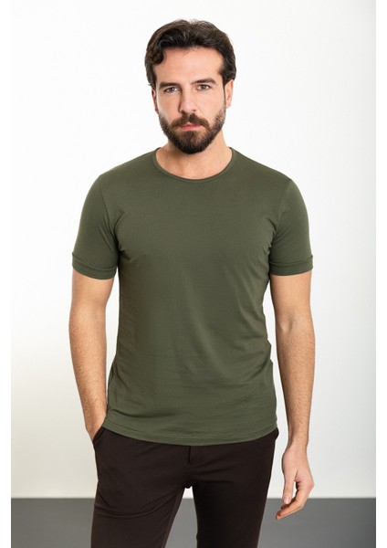 Düz Haki Slim Fit Bisiklet Yaka Erkek T-Shirt