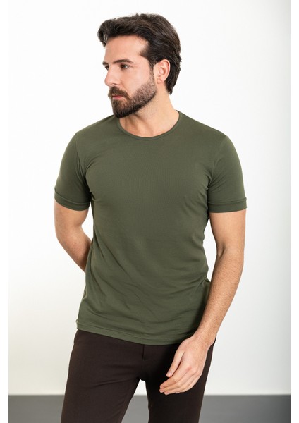Düz Haki Slim Fit Bisiklet Yaka Erkek T-Shirt modelleri