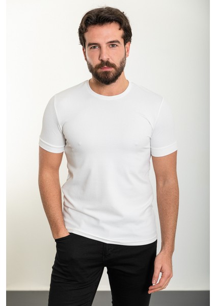 Desenli Ekru Slim Fit Bisiklet Yaka Erkek T-Shirt