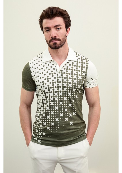 Desenli Haki Slim Fit Polo Yaka Erkek T-Shirt