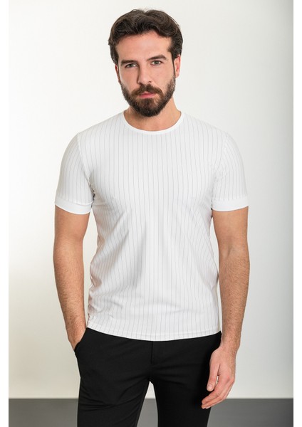 Çizgili Ekru Slim Fit Bisiklet Yaka Erkek T-Shirt
