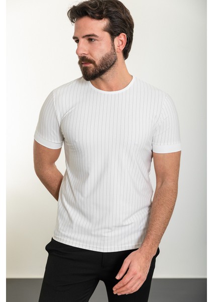 Çizgili Ekru Slim Fit Bisiklet Yaka Erkek T-Shirt modelleri