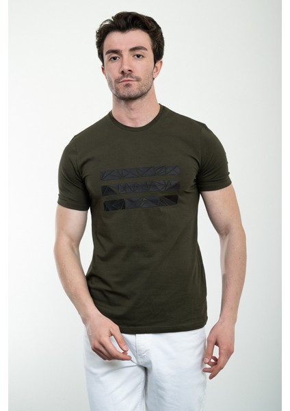 Baskılı Haki Slim Fit Bisiklet Yaka Basic Erkek T-Shirt