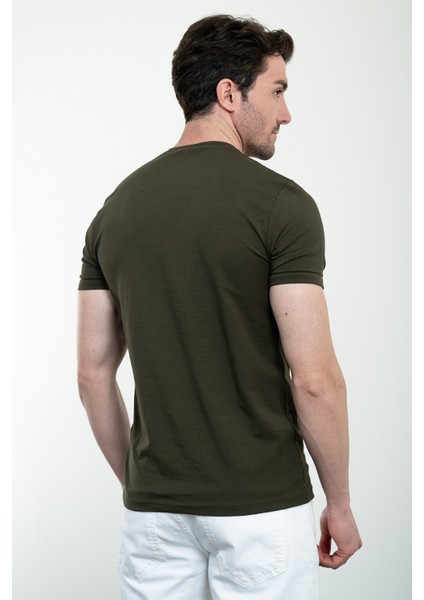 Baskılı Haki Slim Fit Bisiklet Yaka Basic Erkek T-Shirt modelleri