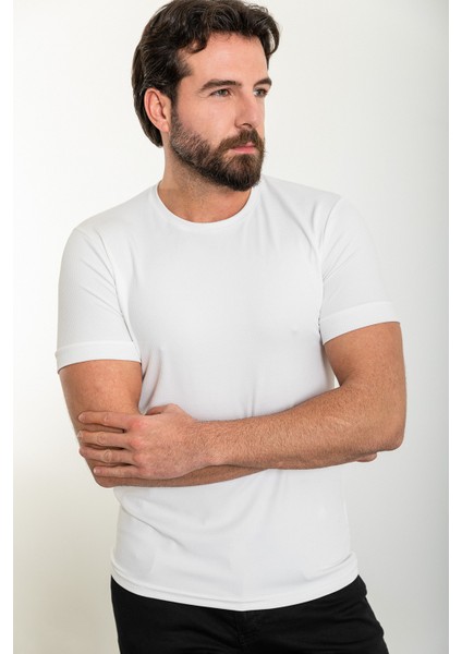 Desenli Ekru Slim Fit Bisiklet Yaka Erkek T-Shirt modelleri