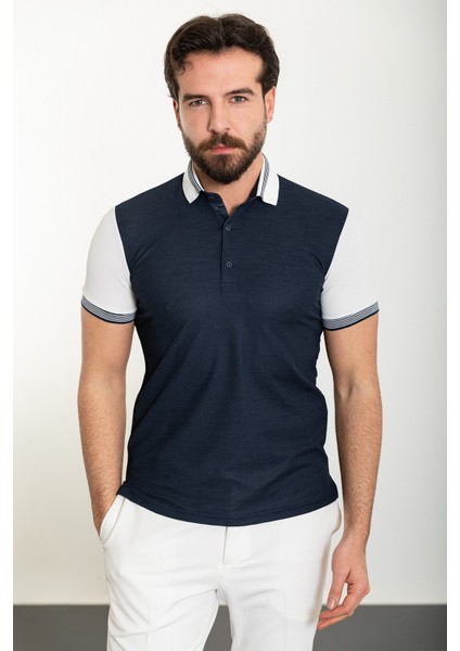 Parçalı Lacivert Slim Fit Polo Yaka Erkek T-Shirt