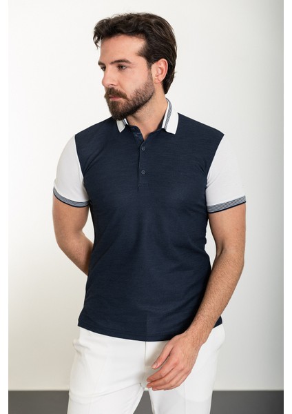 Parçalı Lacivert Slim Fit Polo Yaka Erkek T-Shirt