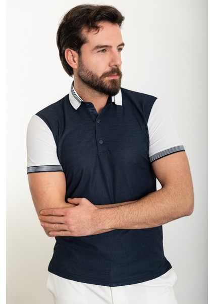 Parçalı Lacivert Slim Fit Polo Yaka Erkek T-Shirt