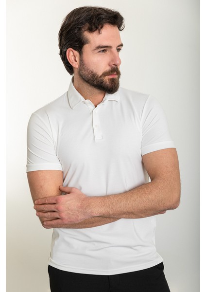 Düz Ekru Slim Fit Polo Yaka Erkek T-Shirt fırsatları