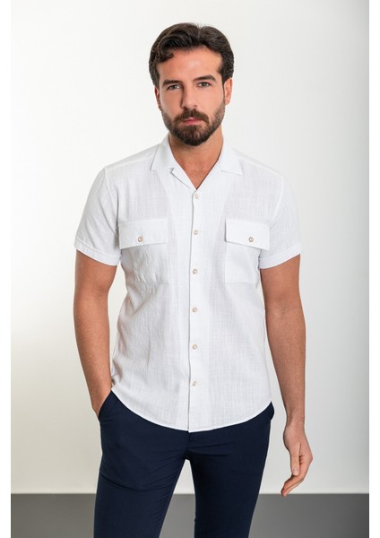 Düz Beyaz Slim Fit Apaç Yaka Kısa Kollu Keten Erkek Gömlek