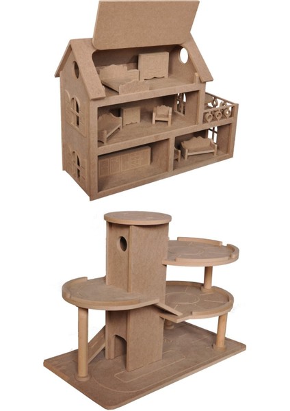 Katlı Otopark ve Çatılı Ahşap Oyuncak Bebek Evi(15 Adet Mobilyalı)