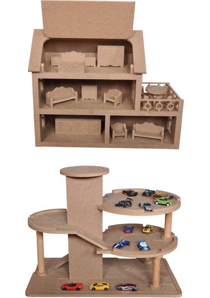 Katlı Otopark ve Çatılı Ahşap Oyuncak Bebek Evi(15 Adet Mobilyalı) fiyatları