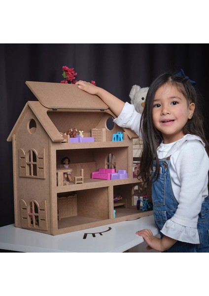 Katlı Otopark ve Çatılı Ahşap Oyuncak Bebek Evi(15 Adet Mobilyalı) modelleri