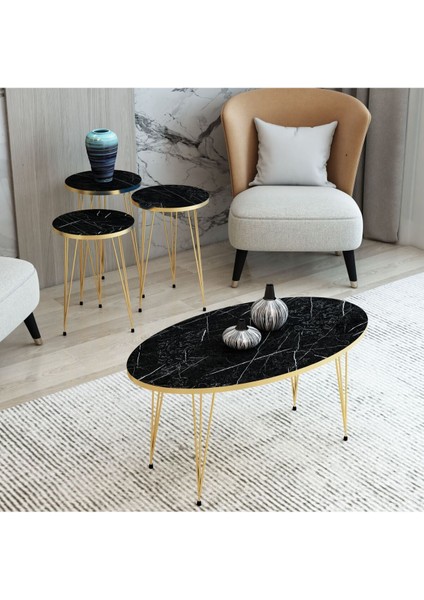 Tekno Trust 2 Yıl Siyah Gold Orta Sehpa Seti,zigon Sehpa Seti 4lü Zigon Set Modern 50 x 90 Siyah Modern Suntala