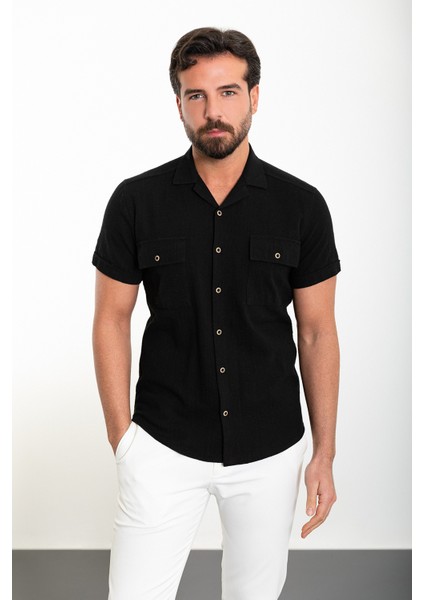 Düz Siyah Slim Fit Apaç Yaka Kısa Kollu Keten Erkek Gömlek