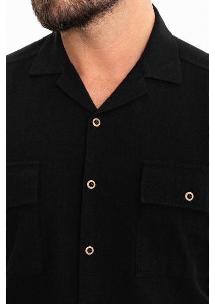 Düz Siyah Slim Fit Apaç Yaka Kısa Kollu Keten Erkek Gömlek fiyatları