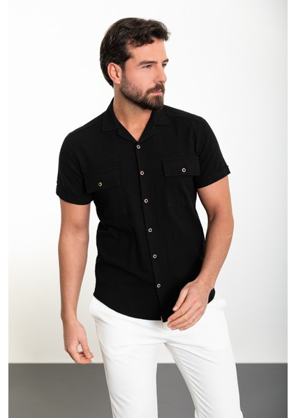 Düz Siyah Slim Fit Apaç Yaka Kısa Kollu Keten Erkek Gömlek modelleri