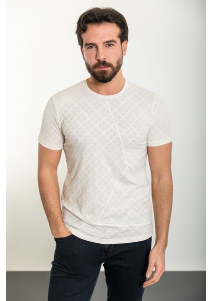 Desenli Ekru Slim Fit Bisiklet Yaka Erkek T-Shirt