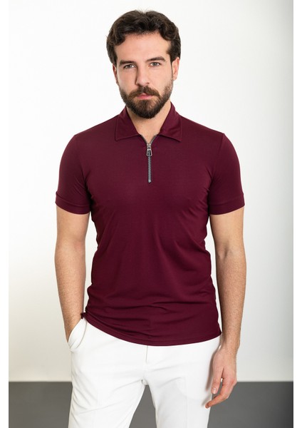Düz Bordo Slim Fit Fermuarlı Polo Yaka Erkek T-Shirt